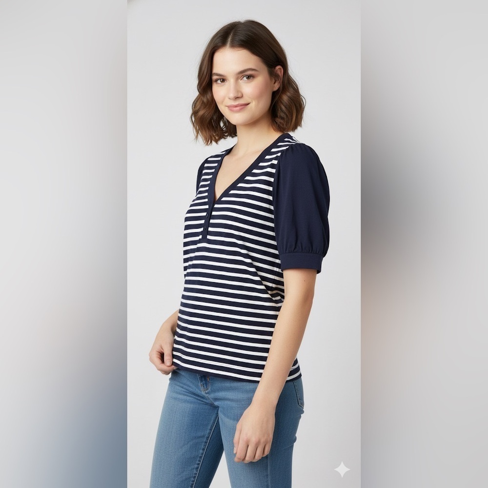 Cato Women’s size 18/20 navy blue/white striped puff sleeve shirt